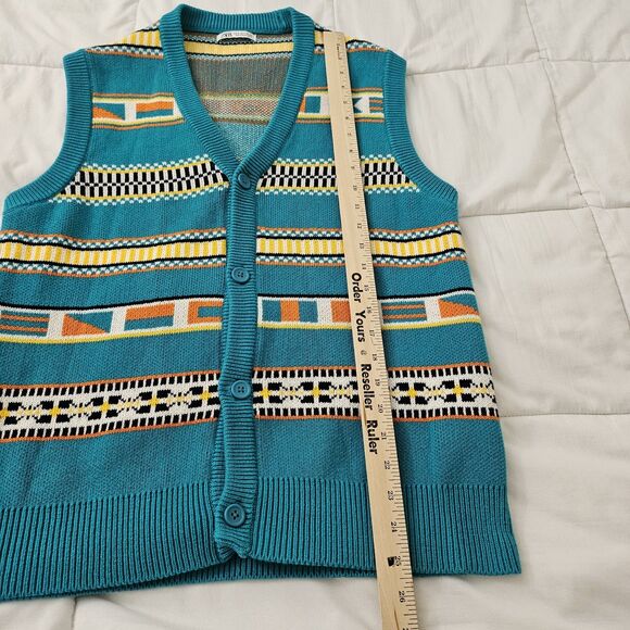 Zara Sweater Vest Mens Medium Teal Green‎ Jacquard Knit V-Neck Button Front NWOT - Picture 6 of 6